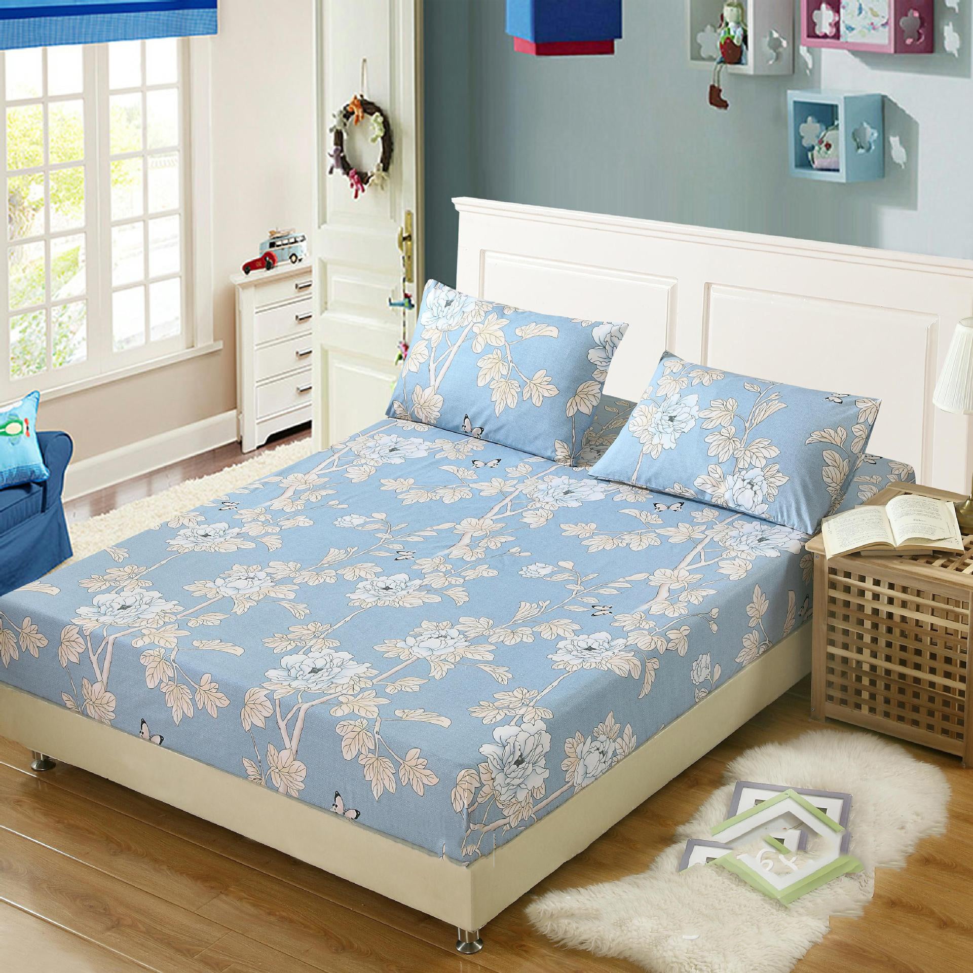KTX-469715 Floral Pattern Mattress Protector in Polyester Cotton Blend, 200x230cm