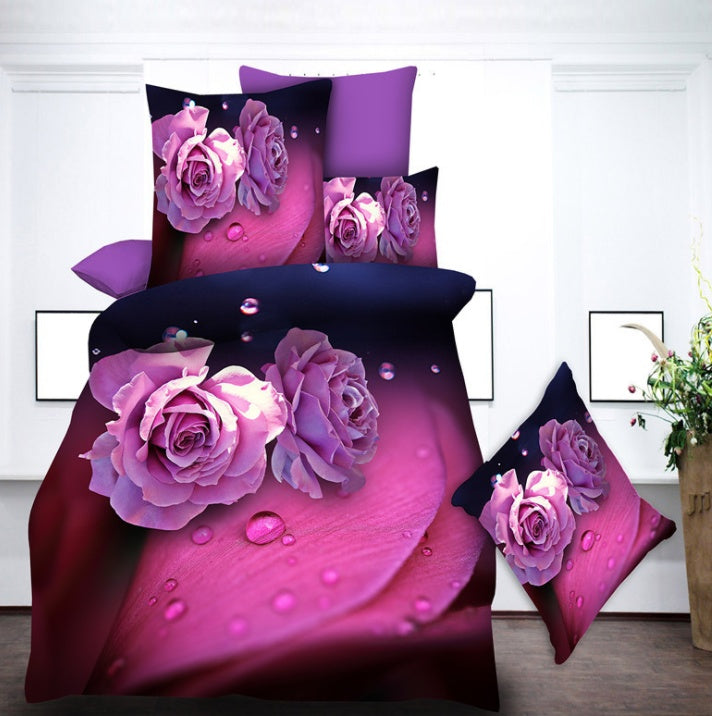 KTX-470867 Brushed 3D Four-Piece Bedding Set with Floral Design in Polyester Fiber