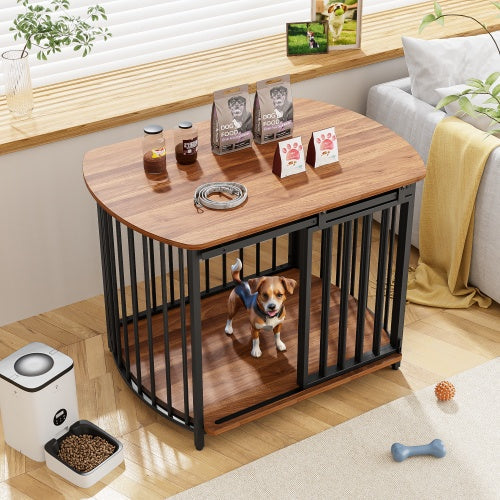 KTX-471059 Modern Wooden Dog Crate End Table for Small and Medium Dogs with Double Doors, Stylish Indoor Kennel Furniture