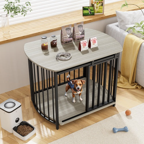 KTX-471059 Modern Wooden Dog Crate End Table for Small and Medium Dogs with Double Doors, Stylish Indoor Kennel Furniture