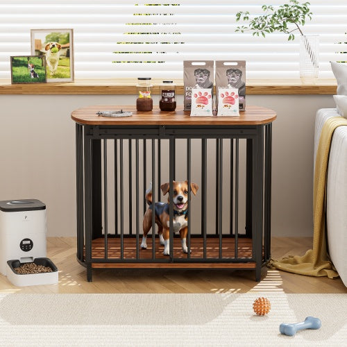 KTX-471059 Modern Wooden Dog Crate End Table for Small and Medium Dogs with Double Doors, Stylish Indoor Kennel Furniture