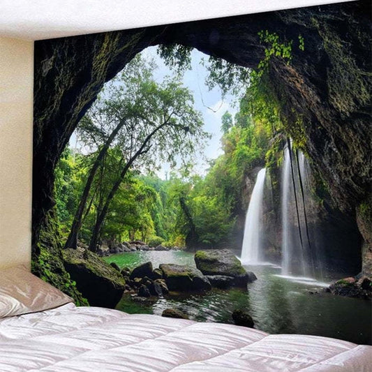 KTX-472915 Cave Waterfall Print Tapestry - 100% Polyester Fabric Wall Decor