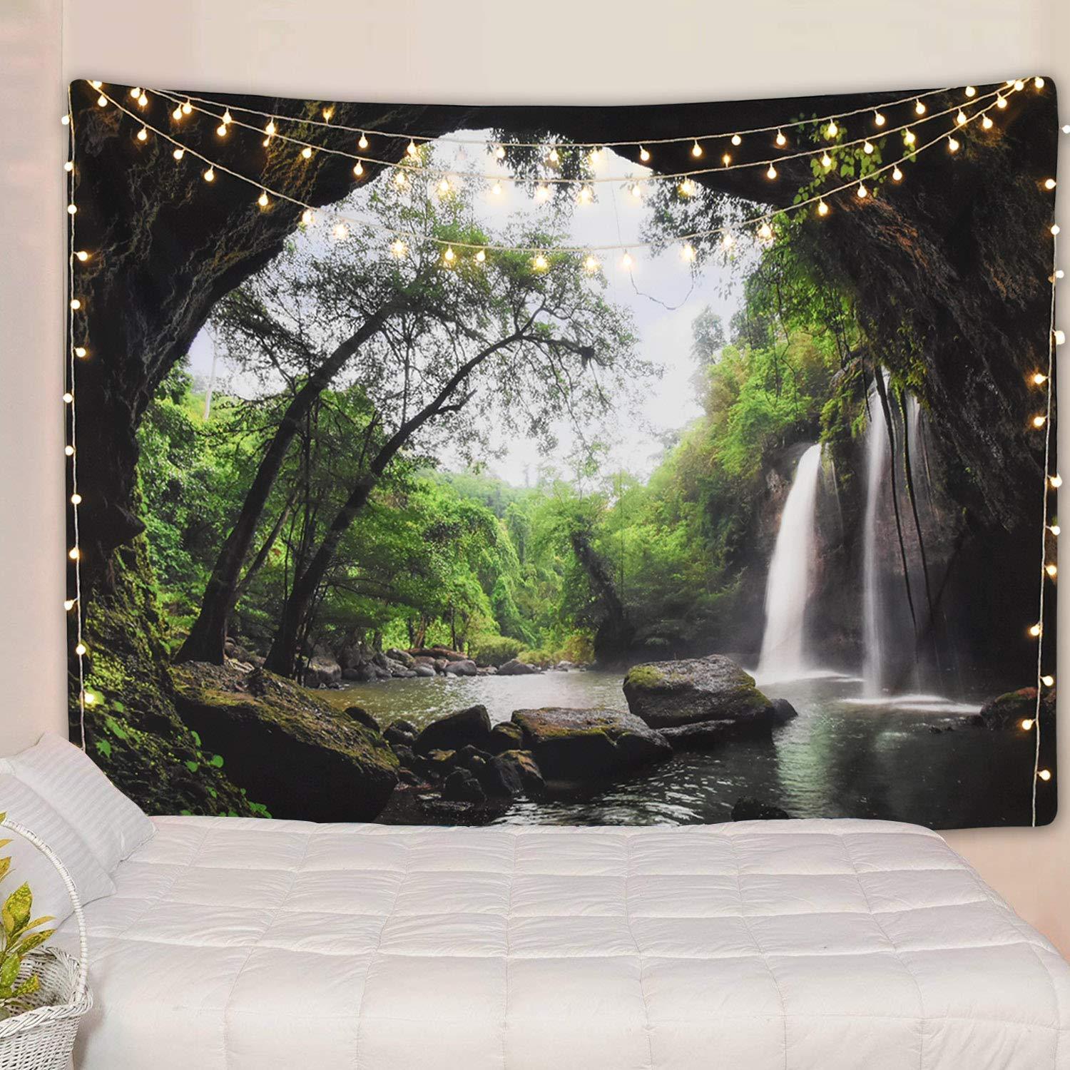 KTX-472915 Cave Waterfall Print Tapestry - 100% Polyester Fabric Wall Decor
