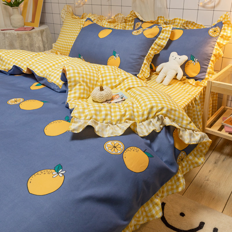 KTX-473363 Sunflower Pattern Polyester Twill Quilt Cover Set with Pillowcases and Bedskirt Options