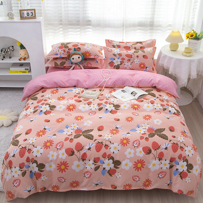 KTX-475347 Korean-style Brushed Bedding Set with Plant and Flower Pattern, Includes Duvet Cover and Pillowcases, 1.2m Size