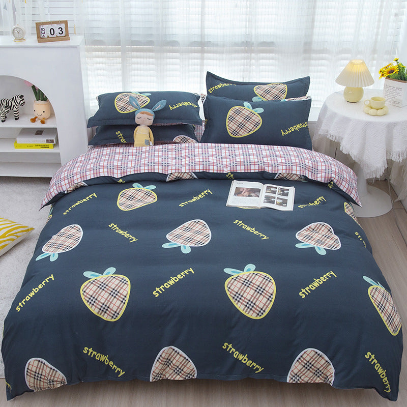 KTX-475347 Korean-style Brushed Bedding Set with Plant and Flower Pattern, Includes Duvet Cover and Pillowcases, 1.2m Size