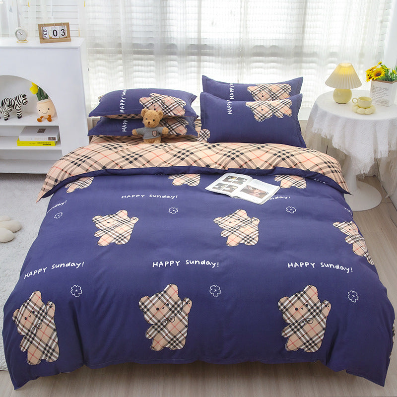 KTX-475347 Korean-style Brushed Bedding Set with Plant and Flower Pattern, Includes Duvet Cover and Pillowcases, 1.2m Size