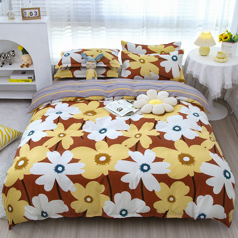 KTX-475347 Korean-style Brushed Bedding Set with Plant and Flower Pattern, Includes Duvet Cover and Pillowcases, 1.2m Size