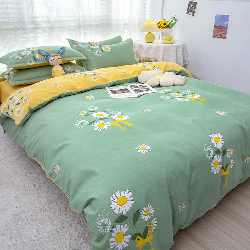 KTX-475347 Korean-style Brushed Bedding Set with Plant and Flower Pattern, Includes Duvet Cover and Pillowcases, 1.2m Size