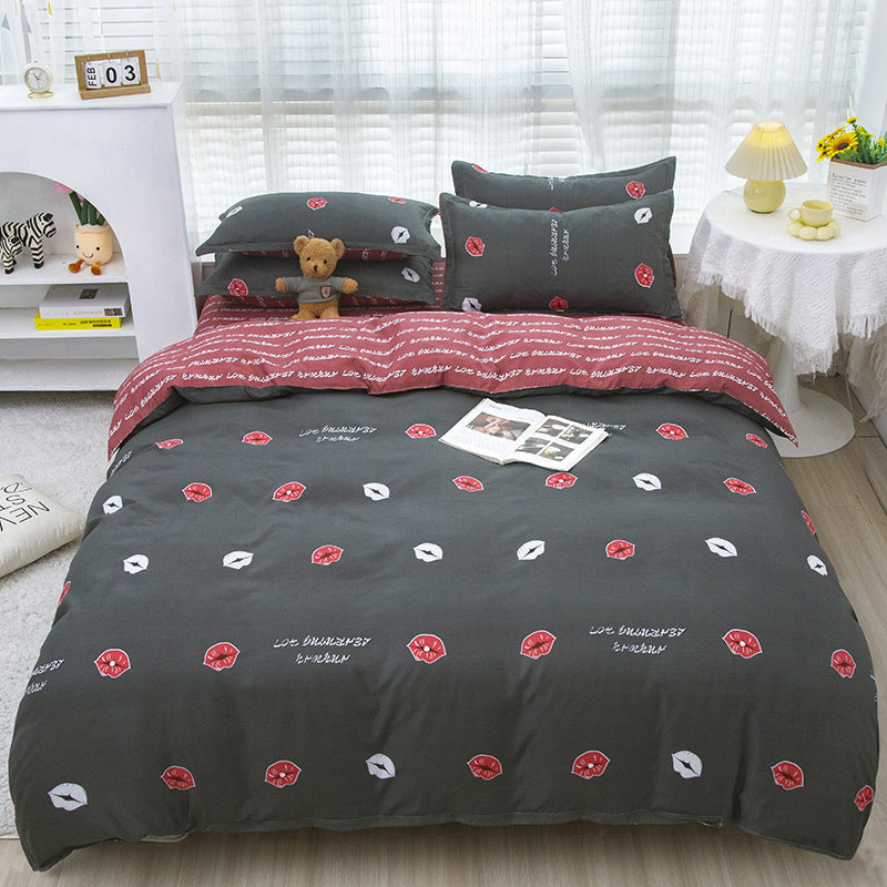 KTX-475347 Korean-style Brushed Bedding Set with Plant and Flower Pattern, Includes Duvet Cover and Pillowcases, 1.2m Size