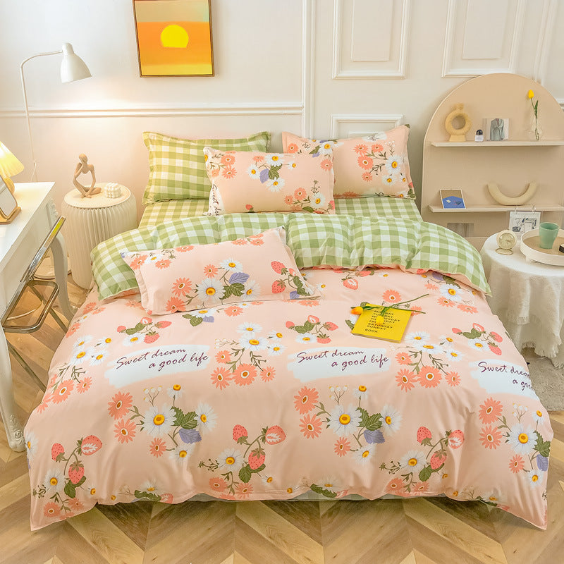 KTX-475347 Korean-style Brushed Bedding Set with Plant and Flower Pattern, Includes Duvet Cover and Pillowcases, 1.2m Size