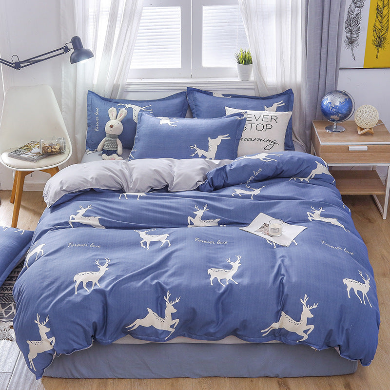 KTX-475347 Korean-style Brushed Bedding Set with Plant and Flower Pattern, Includes Duvet Cover and Pillowcases, 1.2m Size
