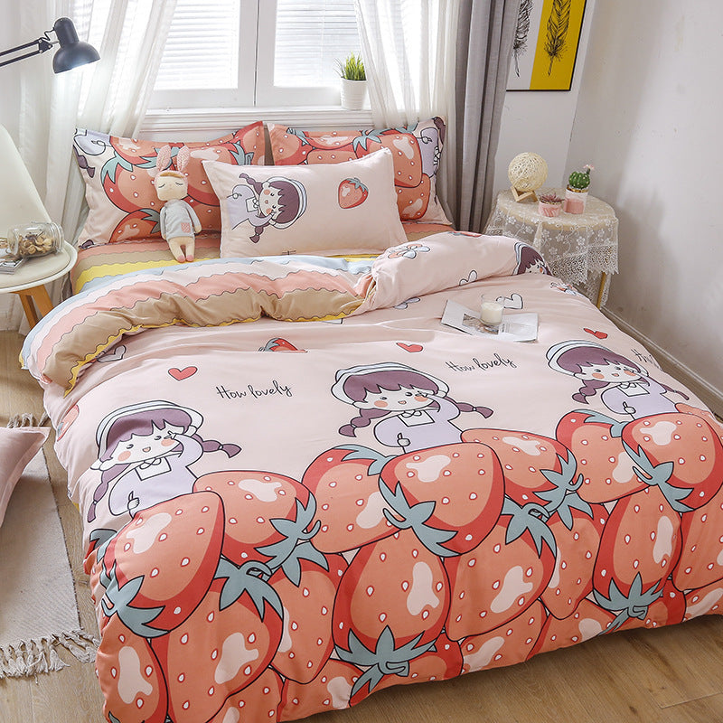 KTX-475347 Korean-style Brushed Bedding Set with Plant and Flower Pattern, Includes Duvet Cover and Pillowcases, 1.2m Size