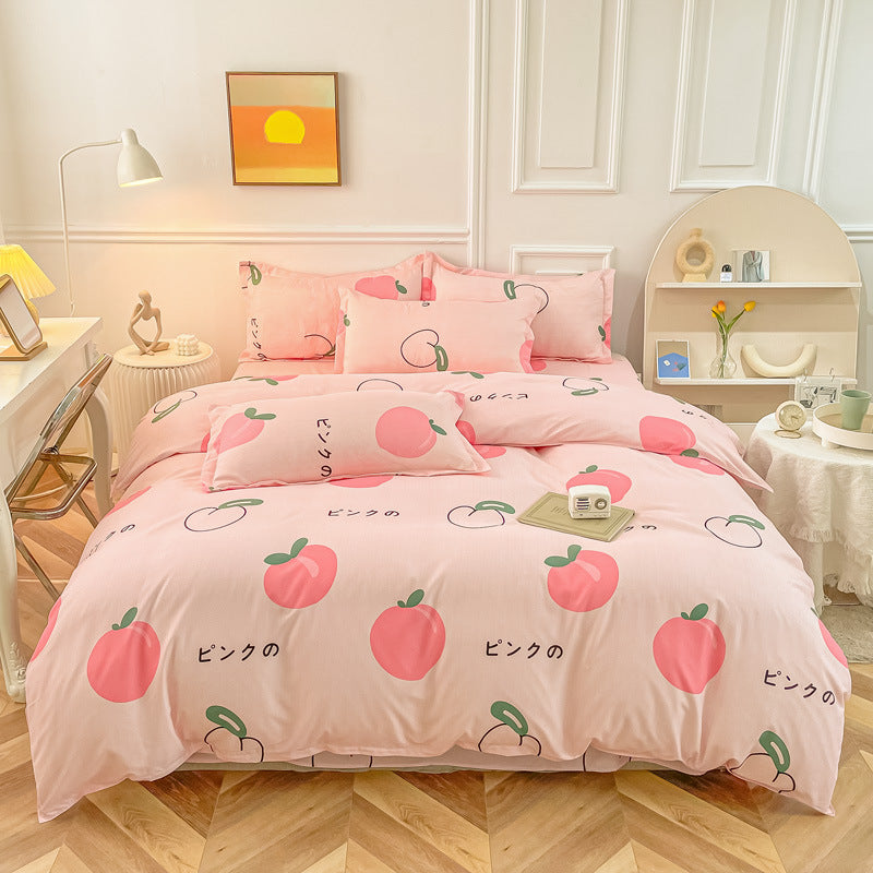 KTX-475347 Korean-style Brushed Bedding Set with Plant and Flower Pattern, Includes Duvet Cover and Pillowcases, 1.2m Size