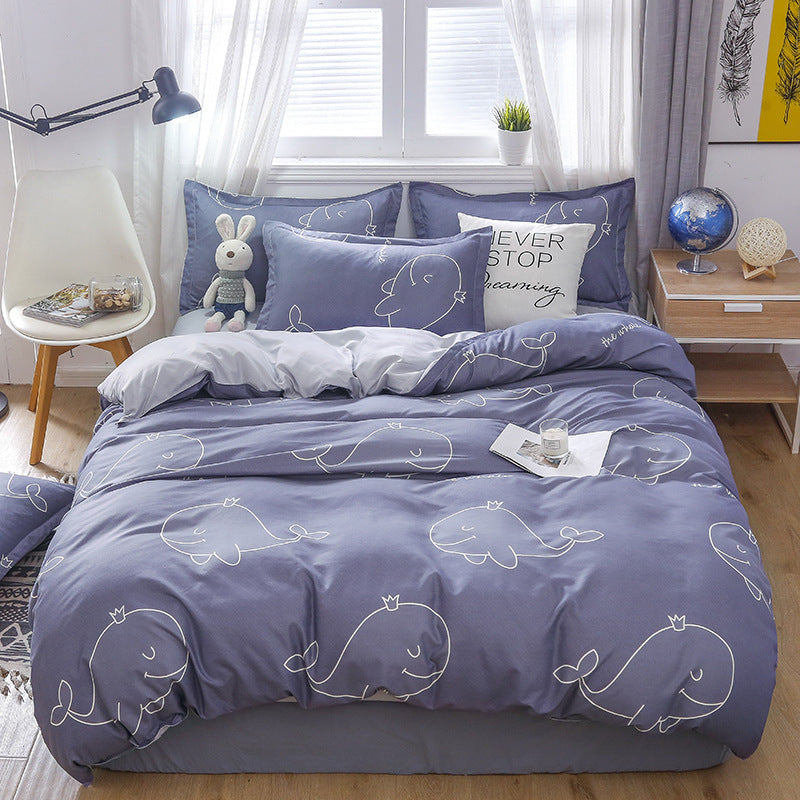 KTX-475347 Korean-style Brushed Bedding Set with Plant and Flower Pattern, Includes Duvet Cover and Pillowcases, 1.2m Size