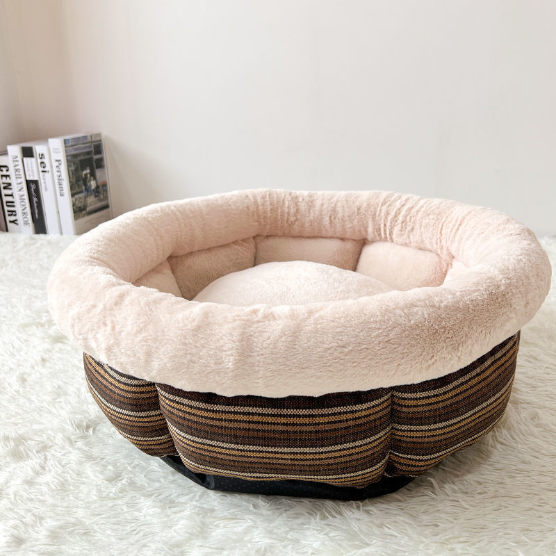 KTX-475795 Indoor Semi-Closed Pet Bed in Striped Linen with Multiple Size Options