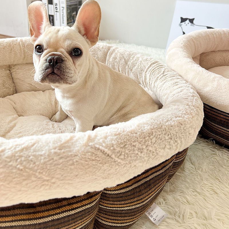 KTX-475795 Indoor Semi-Closed Pet Bed in Striped Linen with Multiple Size Options