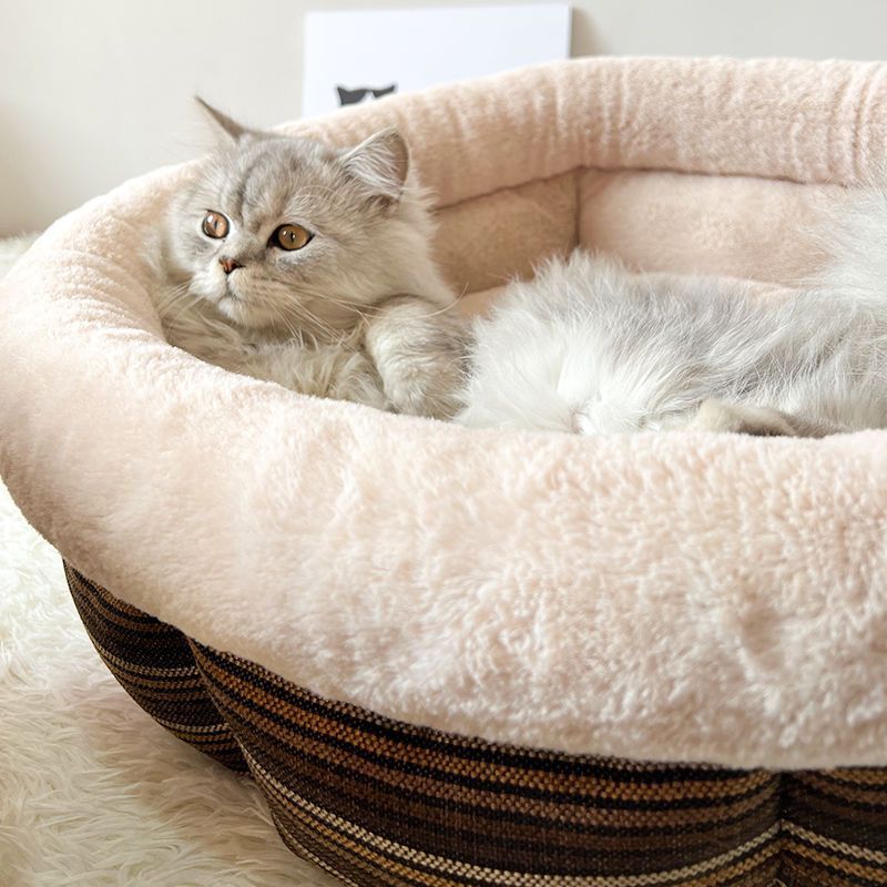 KTX-475795 Indoor Semi-Closed Pet Bed in Striped Linen with Multiple Size Options