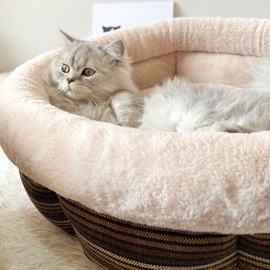 KTX-475795 Indoor Semi-Closed Pet Bed in Striped Linen with Multiple Size Options