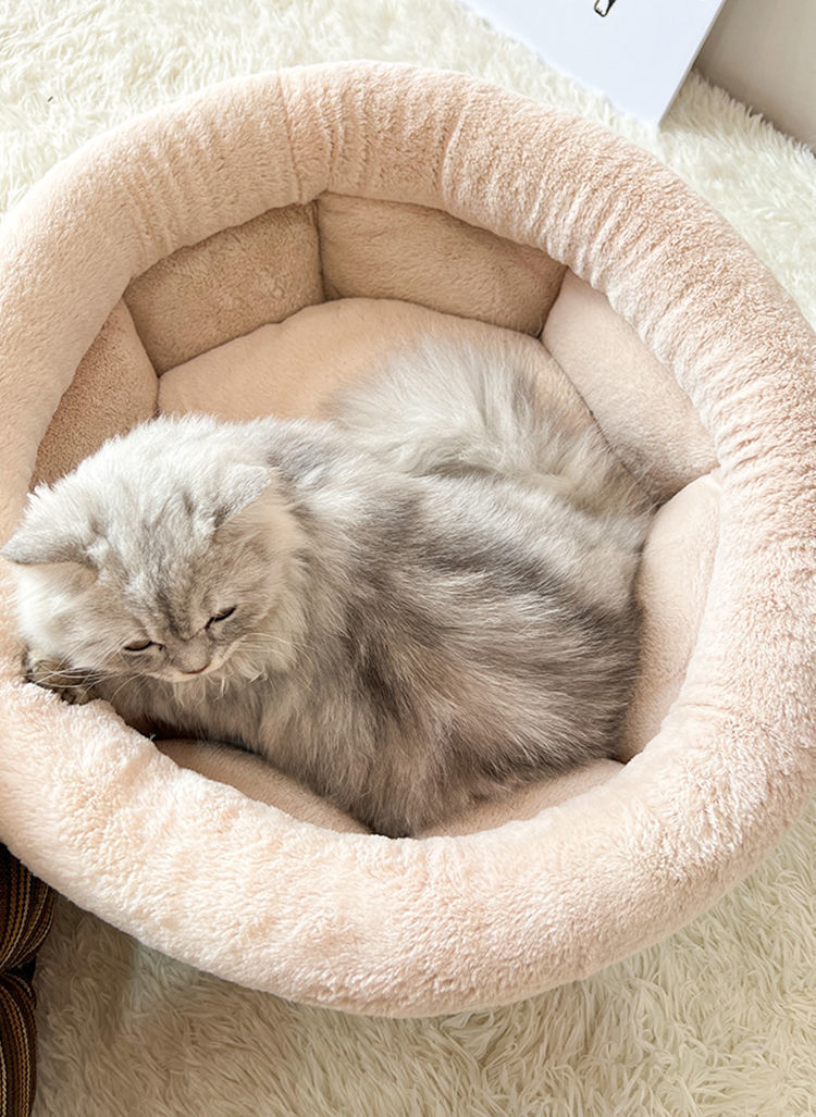 KTX-475795 Indoor Semi-Closed Pet Bed in Striped Linen with Multiple Size Options