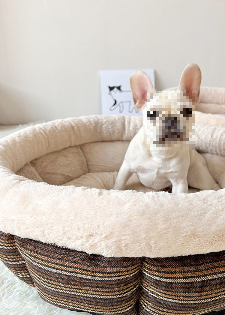 KTX-475795 Indoor Semi-Closed Pet Bed in Striped Linen with Multiple Size Options
