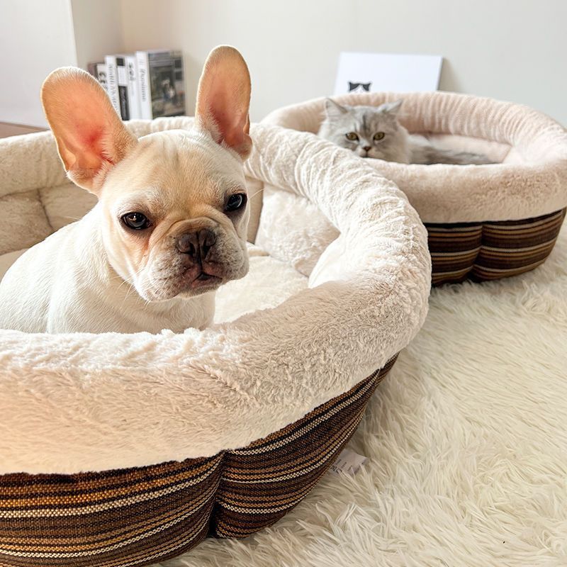 KTX-475795 Indoor Semi-Closed Pet Bed in Striped Linen with Multiple Size Options