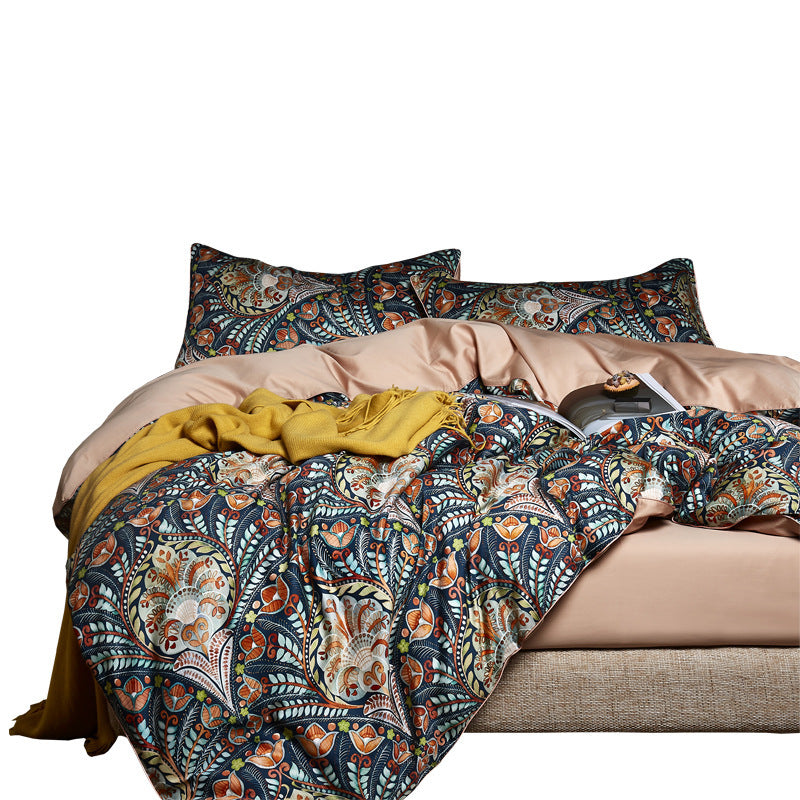 KTX-476435 Long-Staple Cotton Four-Piece Satin Sheet Set with Duvet Cover - Floral Design