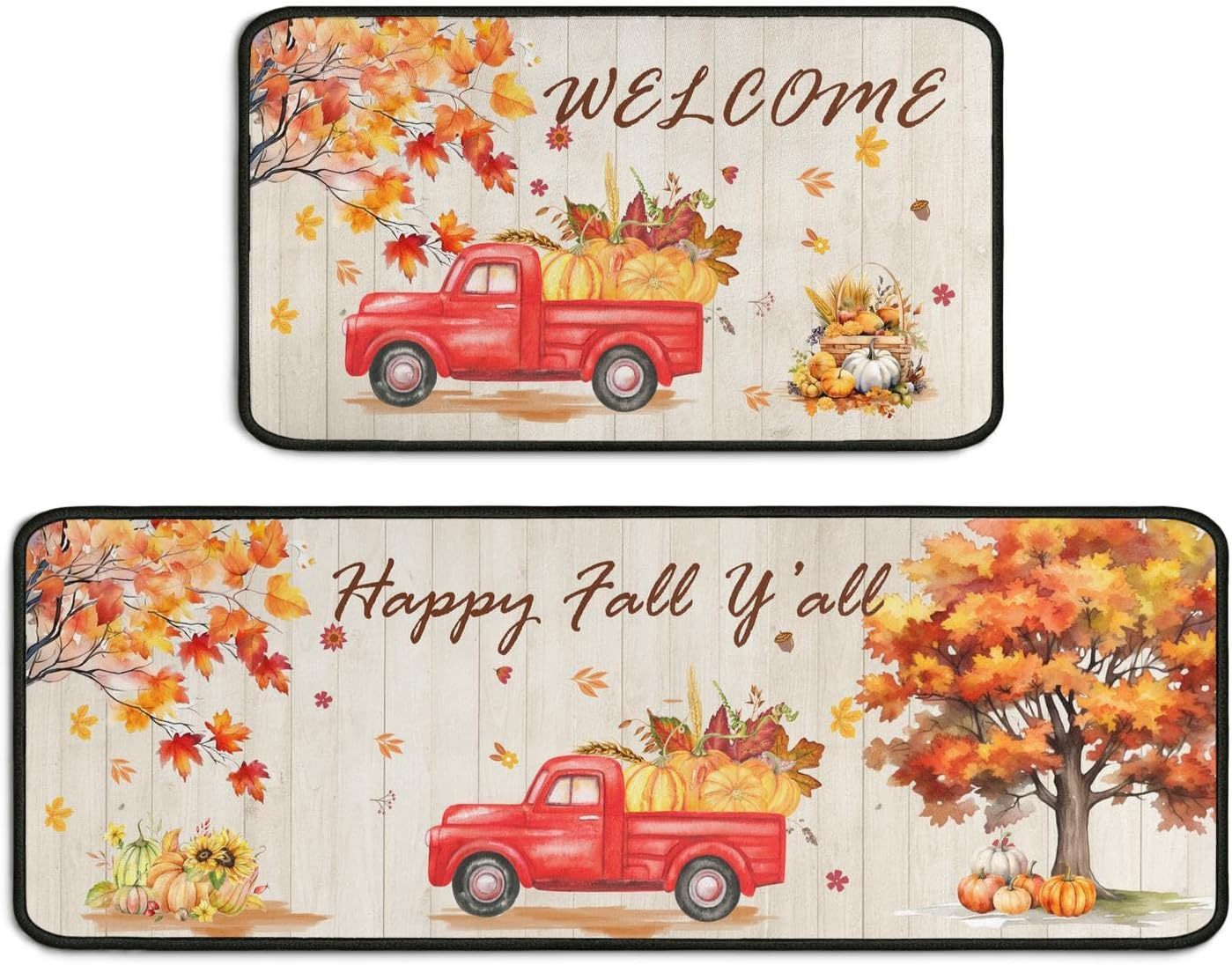 KTX-477715 Fall-Themed Non-Slip Anti-Fatigue Kitchen Mat Set - Waterproof and Heavy Duty Comfort Rug for Home and Office