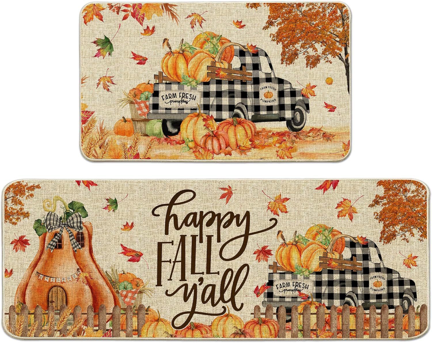KTX-477715 Fall-Themed Non-Slip Anti-Fatigue Kitchen Mat Set - Waterproof and Heavy Duty Comfort Rug for Home and Office