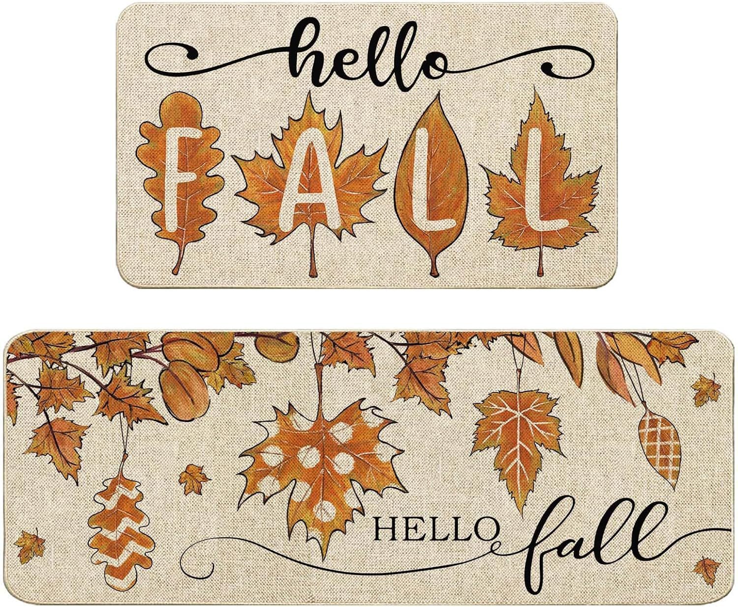 KTX-477715 Fall-Themed Non-Slip Anti-Fatigue Kitchen Mat Set - Waterproof and Heavy Duty Comfort Rug for Home and Office