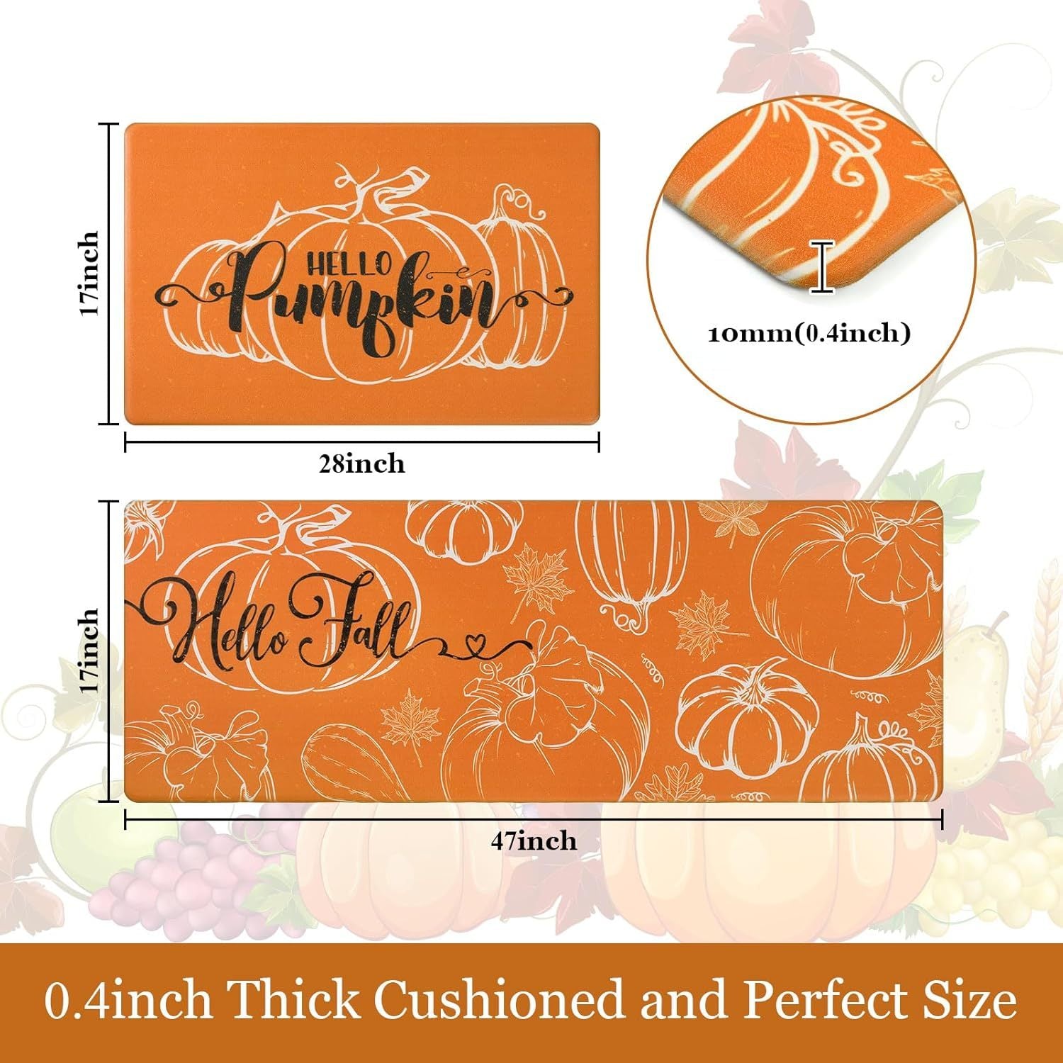 KTX-477715 Fall-Themed Non-Slip Anti-Fatigue Kitchen Mat Set - Waterproof and Heavy Duty Comfort Rug for Home and Office