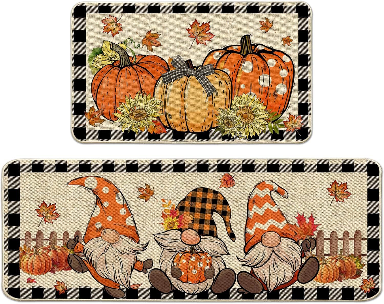 KTX-477715 Fall-Themed Non-Slip Anti-Fatigue Kitchen Mat Set - Waterproof and Heavy Duty Comfort Rug for Home and Office