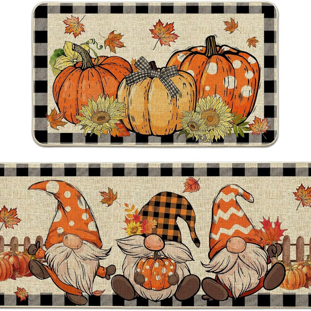 KTX-477715 Fall-Themed Non-Slip Anti-Fatigue Kitchen Mat Set - Waterproof and Heavy Duty Comfort Rug for Home and Office