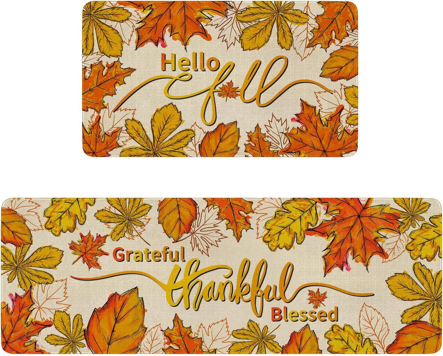 KTX-477715 Fall-Themed Non-Slip Anti-Fatigue Kitchen Mat Set - Waterproof and Heavy Duty Comfort Rug for Home and Office