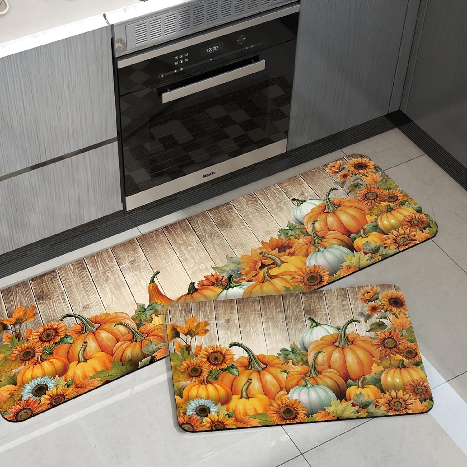 KTX-477715 Fall-Themed Non-Slip Anti-Fatigue Kitchen Mat Set - Waterproof and Heavy Duty Comfort Rug for Home and Office