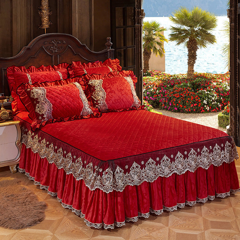 KTX-479763 Solid Color Velvet Quilted Bed Skirt Set for European Style Bedding