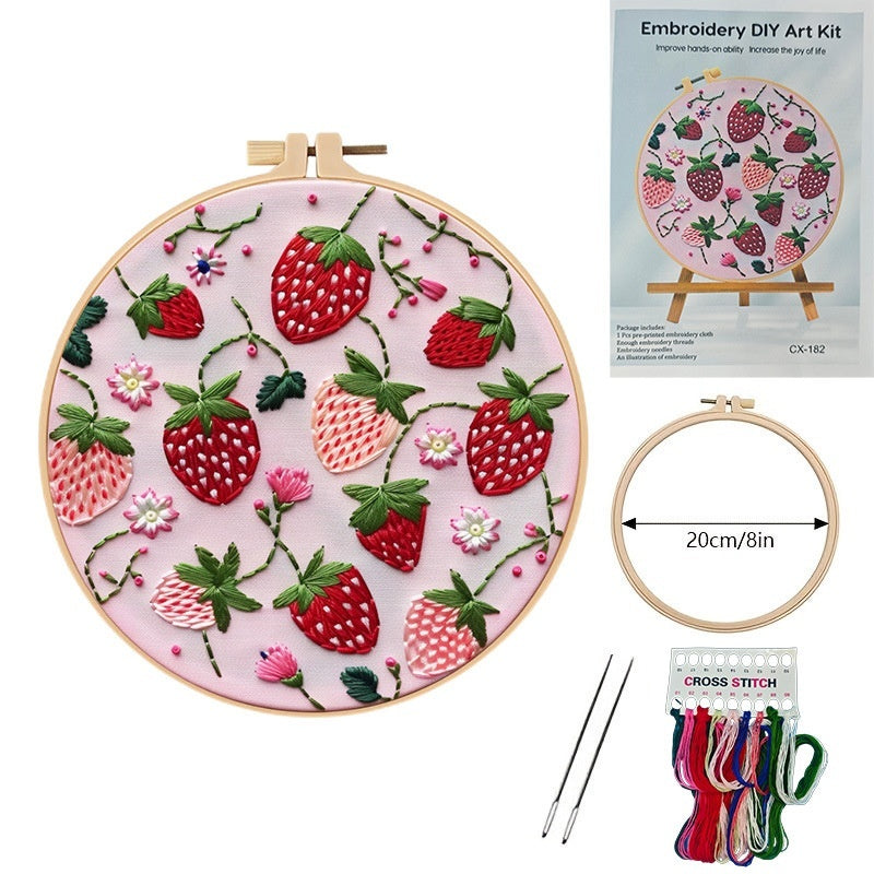 KTX-479955 Embroidered Fabric Craft Set with Imitation Bamboo Frames – Cherry, Strawberry, Watermelon, Orange