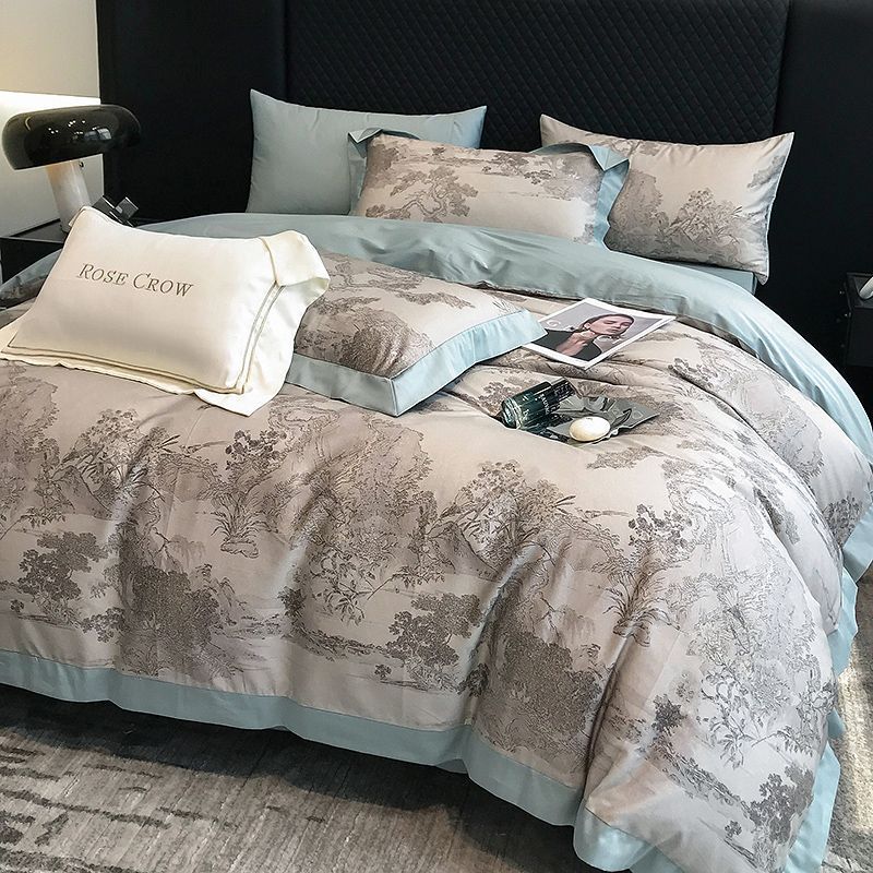 KTX-481107 Long-Staple Cotton Bed Sheet Set with Plant and Flower Pattern, 4 Pieces for 1.5-2.2 Beds