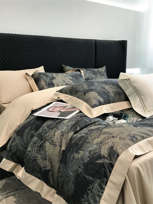 KTX-481107 Long-Staple Cotton Bed Sheet Set with Plant and Flower Pattern, 4 Pieces for 1.5-2.2 Beds