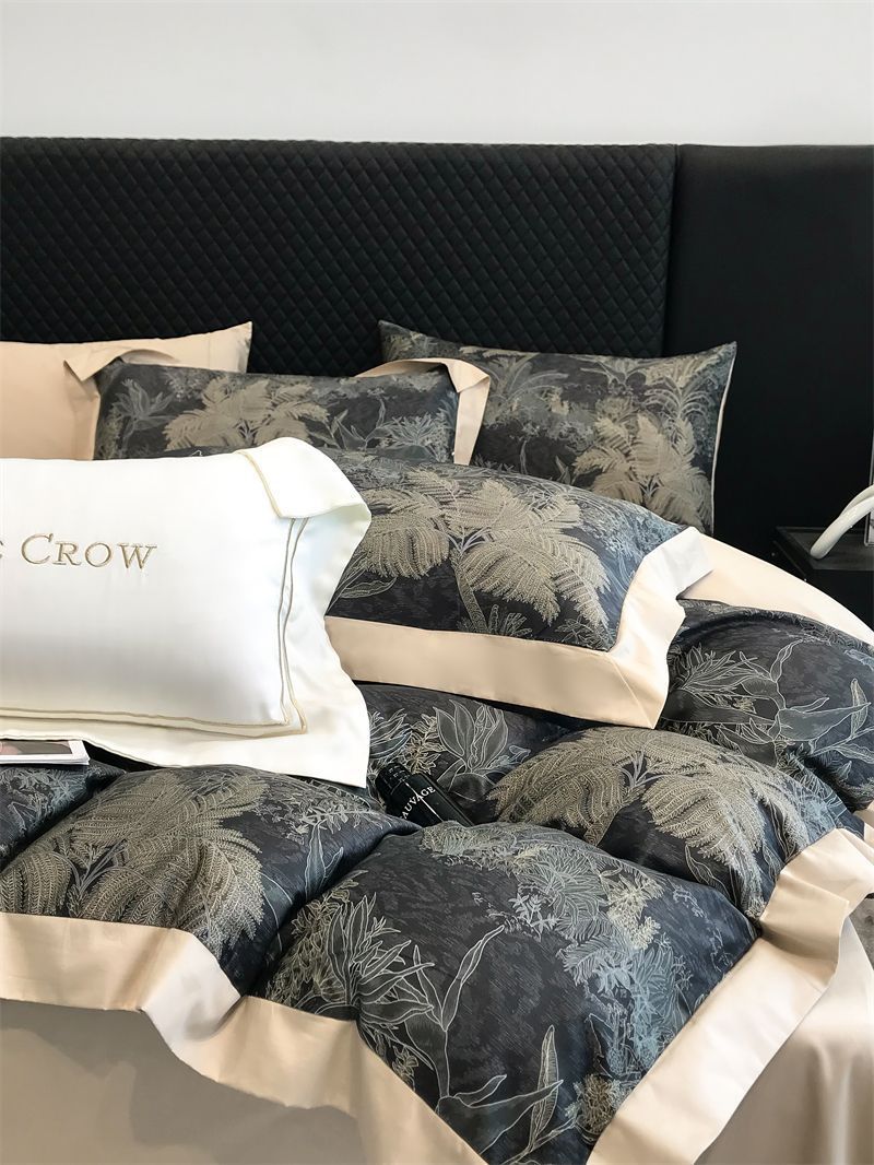 KTX-481107 Long-Staple Cotton Bed Sheet Set with Plant and Flower Pattern, 4 Pieces for 1.5-2.2 Beds