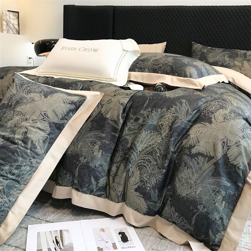 KTX-481107 Long-Staple Cotton Bed Sheet Set with Plant and Flower Pattern, 4 Pieces for 1.5-2.2 Beds