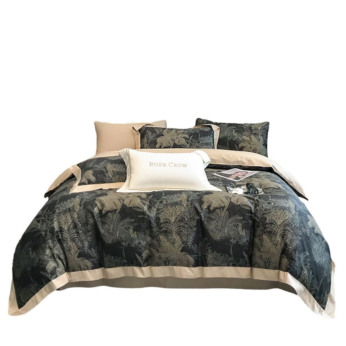 KTX-481107 Long-Staple Cotton Bed Sheet Set with Plant and Flower Pattern, 4 Pieces for 1.5-2.2 Beds