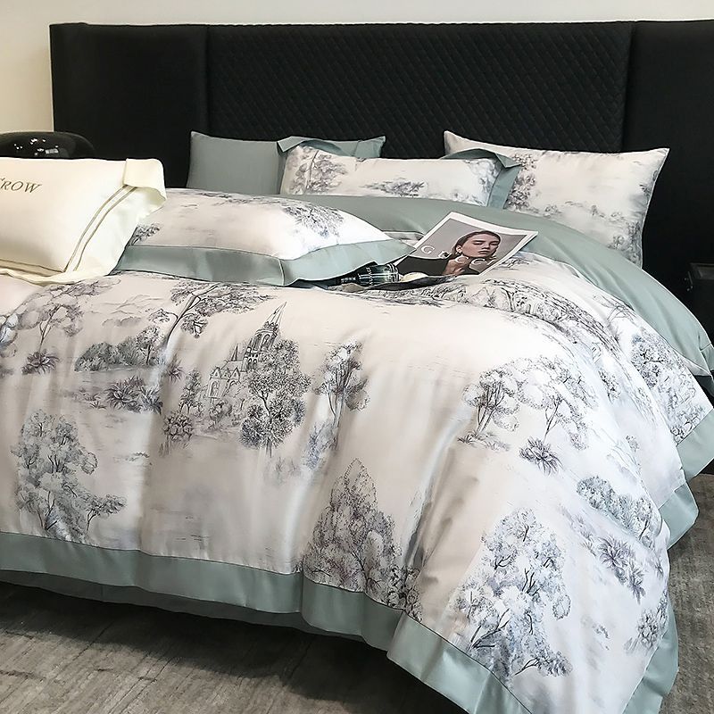 KTX-481107 Long-Staple Cotton Bed Sheet Set with Plant and Flower Pattern, 4 Pieces for 1.5-2.2 Beds