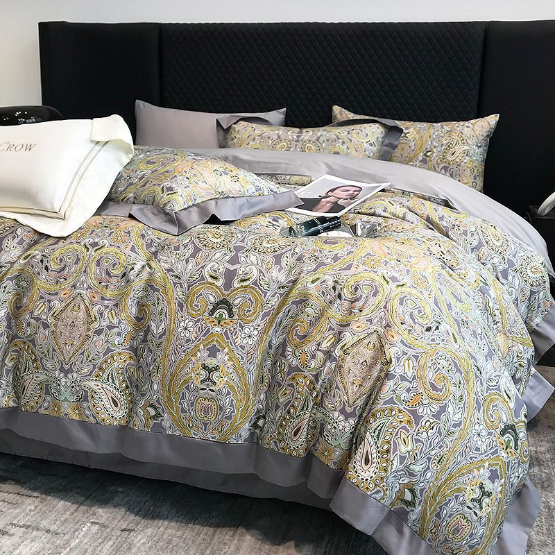 KTX-481107 Long-Staple Cotton Bed Sheet Set with Plant and Flower Pattern, 4 Pieces for 1.5-2.2 Beds