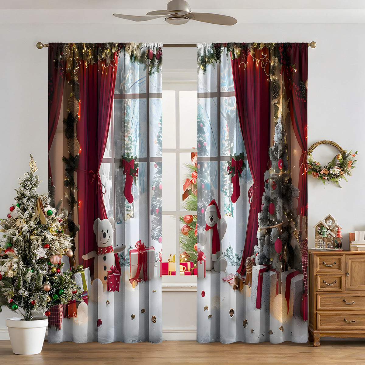 KTX-481811 3D Printed Christmas Curtains for Modern Spaces - Enhanced Sunshade, Polyester, Various Designs