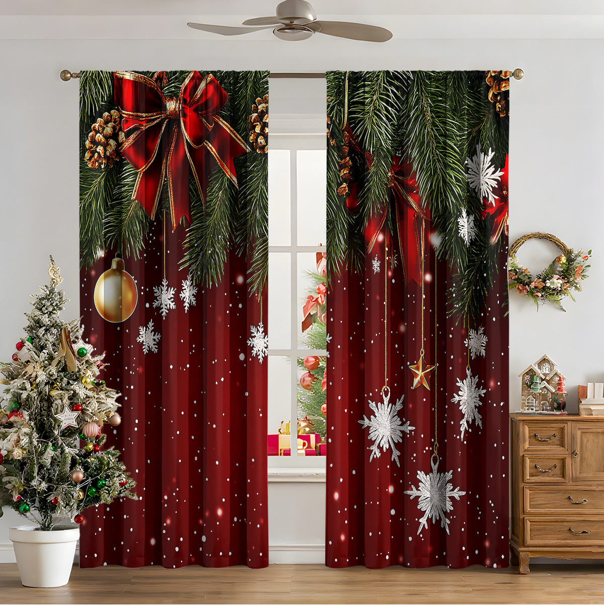 KTX-481811 3D Printed Christmas Curtains for Modern Spaces - Enhanced Sunshade, Polyester, Various Designs
