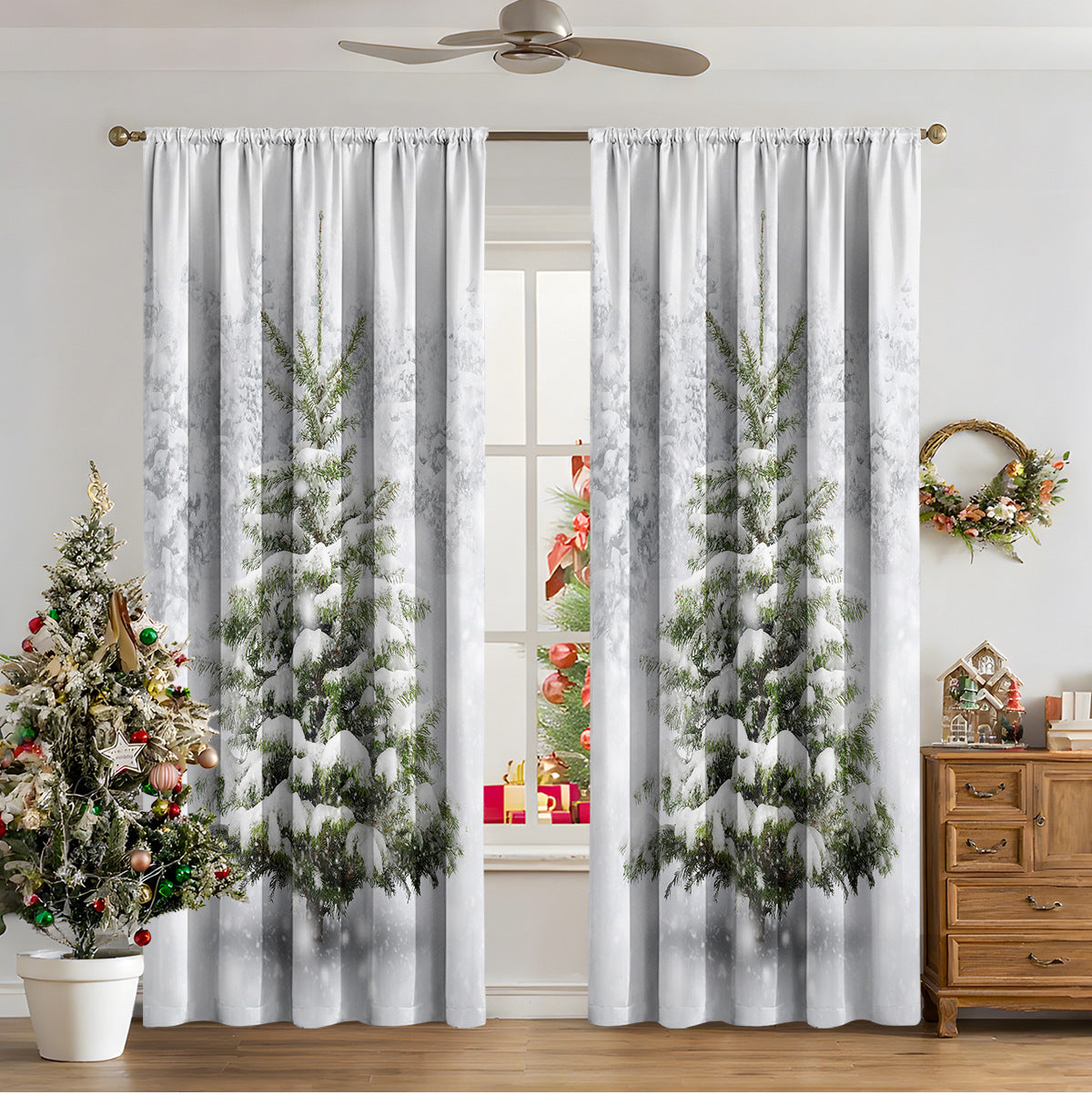 KTX-481811 3D Printed Christmas Curtains for Modern Spaces - Enhanced Sunshade, Polyester, Various Designs
