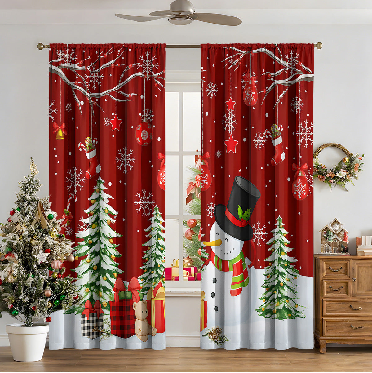KTX-481811 3D Printed Christmas Curtains for Modern Spaces - Enhanced Sunshade, Polyester, Various Designs