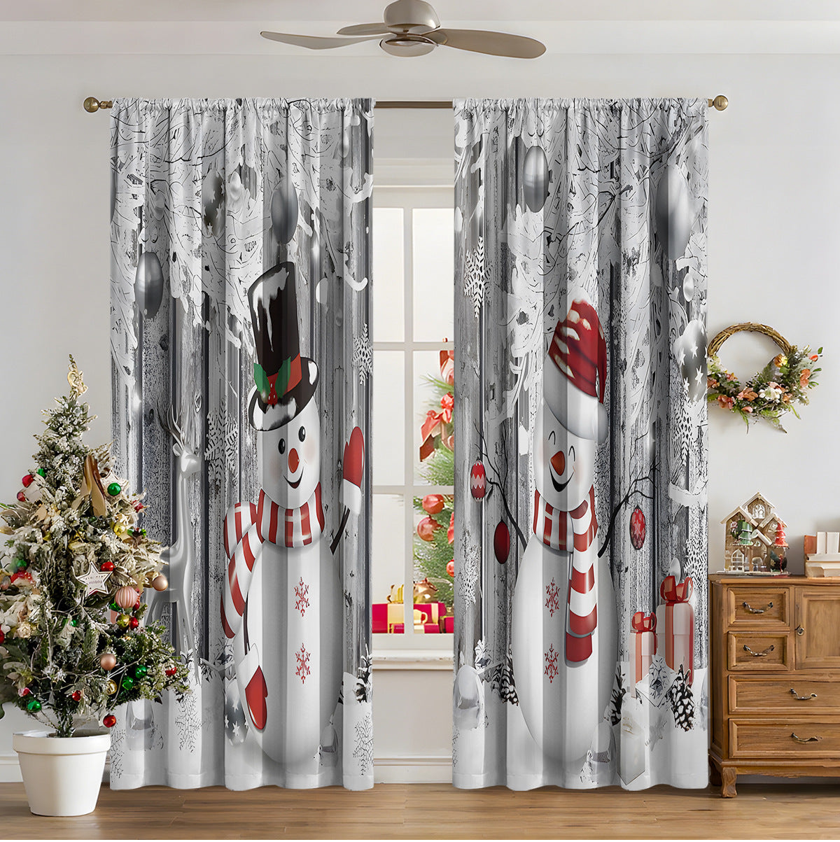 KTX-481811 3D Printed Christmas Curtains for Modern Spaces - Enhanced Sunshade, Polyester, Various Designs