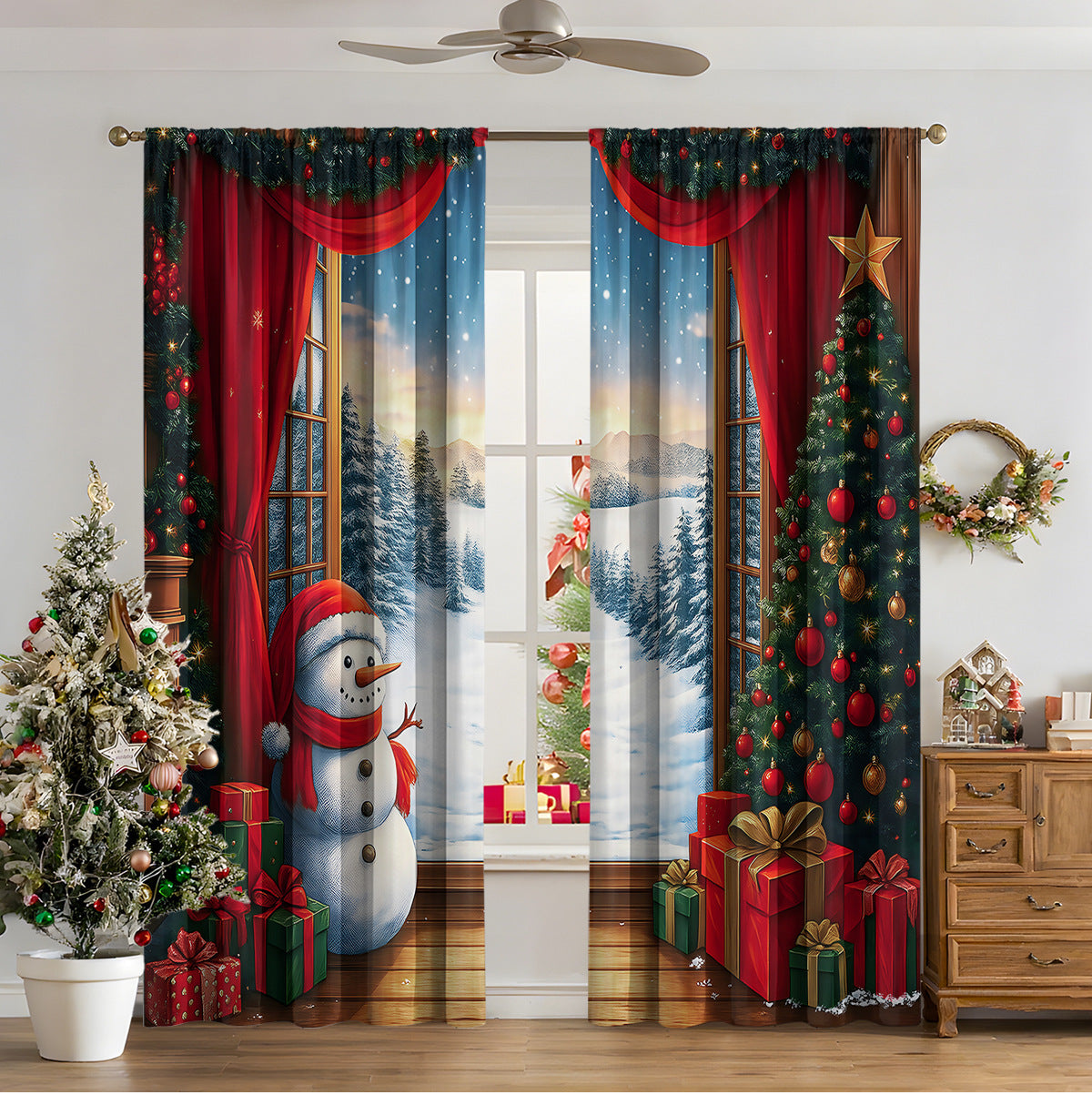 KTX-481811 3D Printed Christmas Curtains for Modern Spaces - Enhanced Sunshade, Polyester, Various Designs